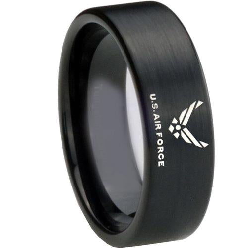 Black Rings For Women Black Tungsten Carbide US Force Flat Ring