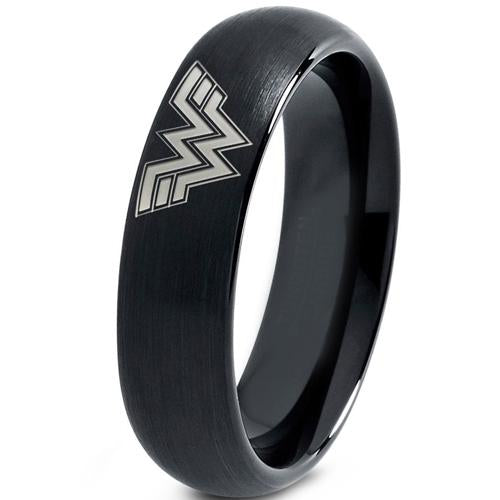 Men's Tungsten Rings Black Tungsten Carbide Wonder Woman Dome Ring