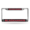 BLACKHAWKS ® LASER CHROME FRAME - BLACK BACKGROUND WITH RED LETTERS-FCL Chrome Laser License Frame-JadeMoghul Inc.