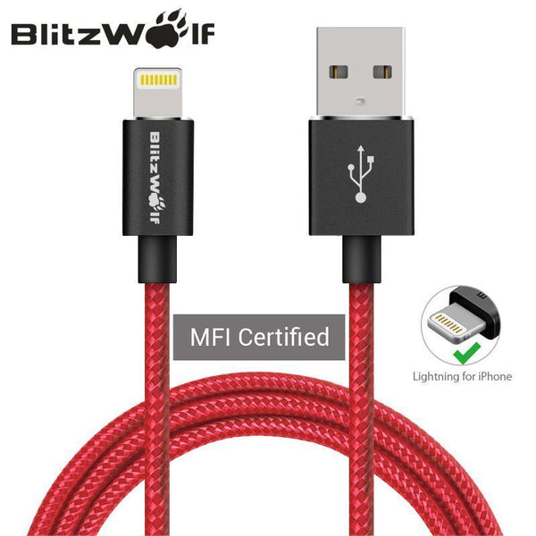 BlitzWolf MFI For iPhone USB Cable 1m 1.8m Mobile Phone Charger Charging Data Cable For iPhone 6 7 Plus For Ipad Lightning Cable-Black Red-100CM-JadeMoghul Inc.