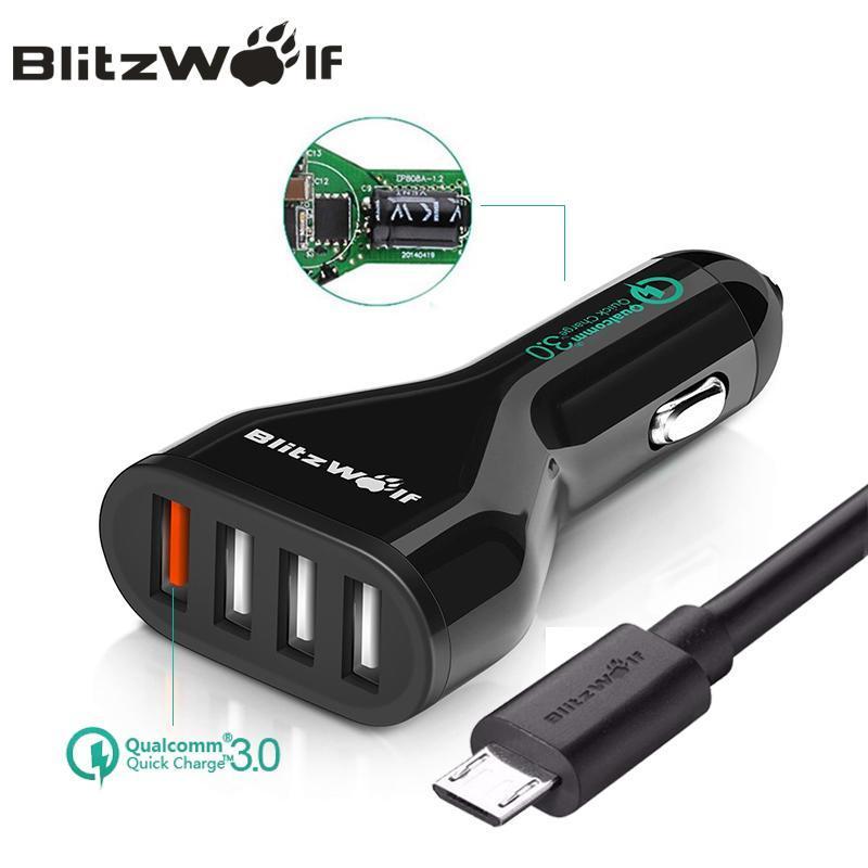 BlitzWolf QC3.0 Car Charger Mobile Phone Car-Charger 4 Port USB Car Charger Adapter With Cable Universal For iPhone For Samsung-China-Universal-JadeMoghul Inc.
