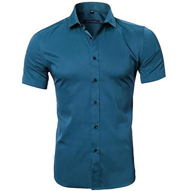 Blue Bamboo Fiber Shirt Men 2018 Summer Short Sleeve Mens Dress Shirts Casual Slim Fit Easy Care Solid Non Iron Chemise Homme-Dark Blue-Asian S-JadeMoghul Inc.