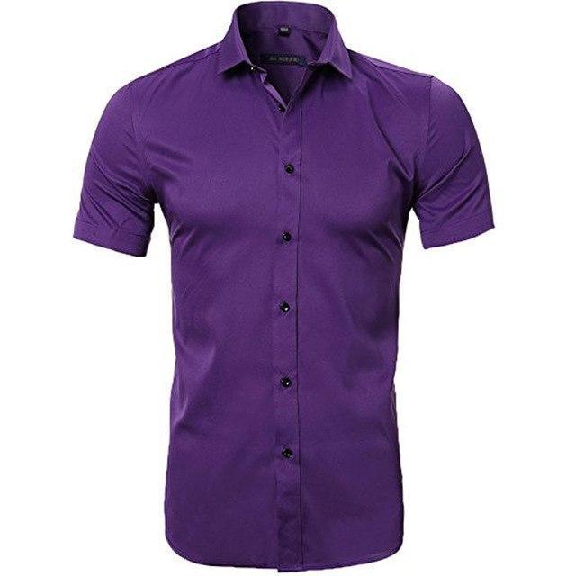 Blue Bamboo Fiber Shirt Men 2018 Summer Short Sleeve Mens Dress Shirts Casual Slim Fit Easy Care Solid Non Iron Chemise Homme-Dark Purple-Asian S-JadeMoghul Inc.