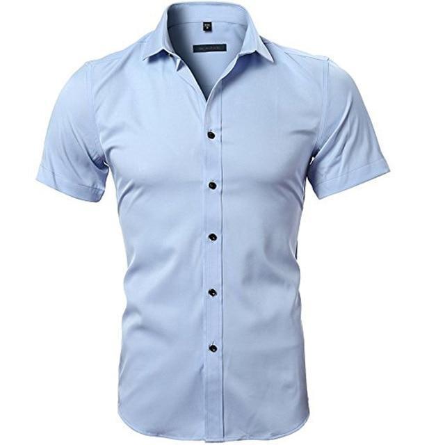 Blue Bamboo Fiber Shirt Men 2018 Summer Short Sleeve Mens Dress Shirts Casual Slim Fit Easy Care Solid Non Iron Chemise Homme-Light Blue-Asian S-JadeMoghul Inc.