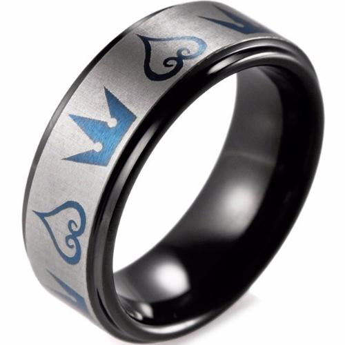 Platinum Rings For Men Blue Black Platinum White Tungsten Carbide Kingdom and Heart Step Ring