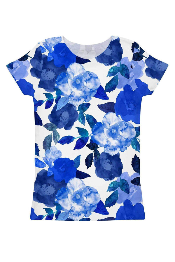 Blue Blood Zoe Floral Print Designer T-Shirt - Women-Blue Blood-XS-Blue/White-JadeMoghul Inc.