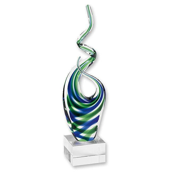 Living Room Decor - Blue & Green Murano Style Art Glass 14" Centerpiece on Crystal Base