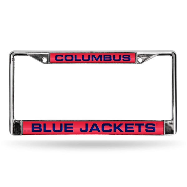 BLUE JACKETS ® LASER CHROME FRAME -RED BACKGROUND WITH NAVY LETTERS-FCL Chrome Laser License Frame-JadeMoghul Inc.