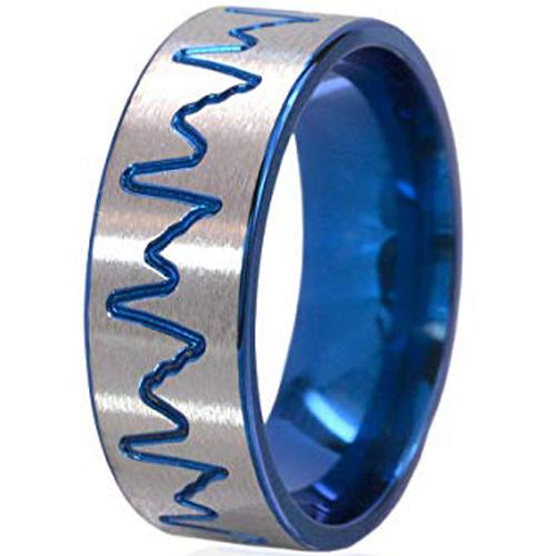 Silver Rings For Women Blue Silver White Tungsten Carbide Heartbeat Flat Ring