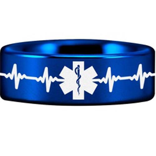 Black Tungsten Rings Blue Tungsten Carbide Medic Alert HeartBeat Flat Ring