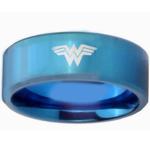 Black Tungsten Rings Blue Tungsten Carbide Wonder Woman Flat Ring