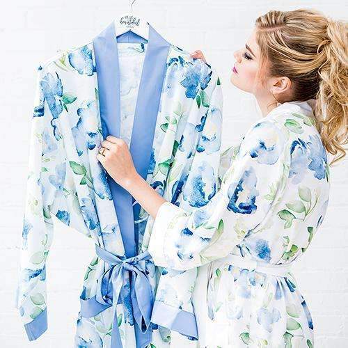 Blue Watercolor Floral Silky Kimono Robe on Blue 1XL - 2XL (Pack of 1)-Personalized Gifts for Women-JadeMoghul Inc.