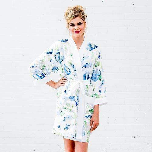 Blue Watercolor Floral Silky Kimono Robe on White 3XL - 4XL (Pack of 1)-Personalized Gifts for Women-JadeMoghul Inc.