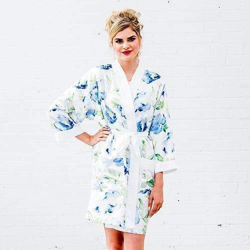 Blue Watercolor Floral Silky Kimono Robe on White Large - X-Large (Pack of 1)-Personalized Gifts for Women-JadeMoghul Inc.