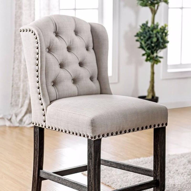 BM166172 Wooden Counter Height Wingback Chair, Ivory and Black - Set of 2-Dining Chairs-Antique Black, Ivory-Wood & Linen like fabric-JadeMoghul Inc.