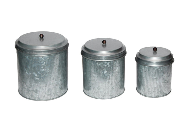 BM82052 Galvanized Metal Lidded Canister With Ribbed Pattern, Set of Three, Gray-Canisters-Gray-Galvanized Metal Sheet-JadeMoghul Inc.