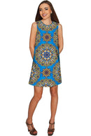 Boho Chic Adele Blue Geometric Pattern Shift Dress - Women-Boho Chic-XS-Blue/Gold-JadeMoghul Inc.