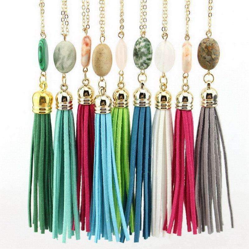 Boho Velvet Long Tassel Necklace 2016 Summer Style Leather Tassel Natural Stone Necklace for Women Sweater Chain Fashion Jewelry-N3461 Gold Aqua-76cm-JadeMoghul Inc.