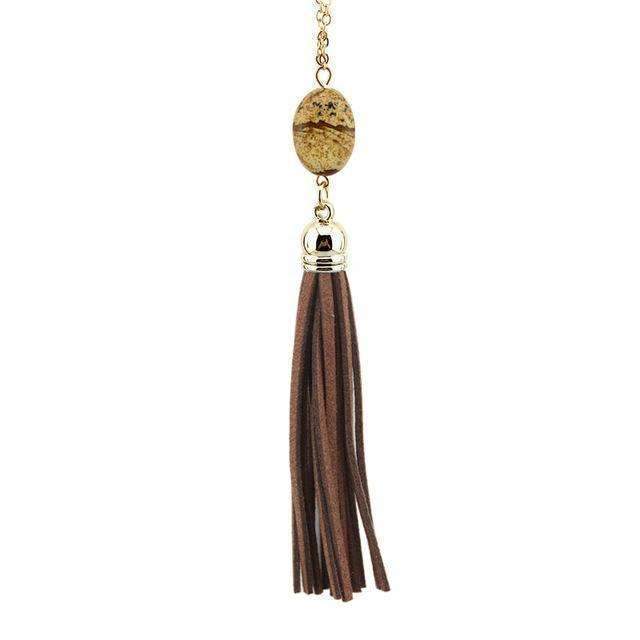 Boho Velvet Long Tassel Necklace 2016 Summer Style Leather Tassel Natural Stone Necklace for Women Sweater Chain Fashion Jewelry-N3461 Gold Brown-76cm-JadeMoghul Inc.