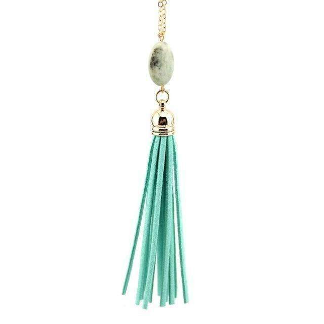 Boho Velvet Long Tassel Necklace 2016 Summer Style Leather Tassel Natural Stone Necklace for Women Sweater Chain Fashion Jewelry-N3461 Gold Mint-76cm-JadeMoghul Inc.