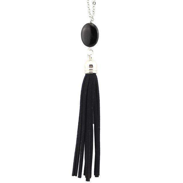 Boho Velvet Long Tassel Necklace 2016 Summer Style Leather Tassel Natural Stone Necklace for Women Sweater Chain Fashion Jewelry-N3461 Silver Black-76cm-JadeMoghul Inc.