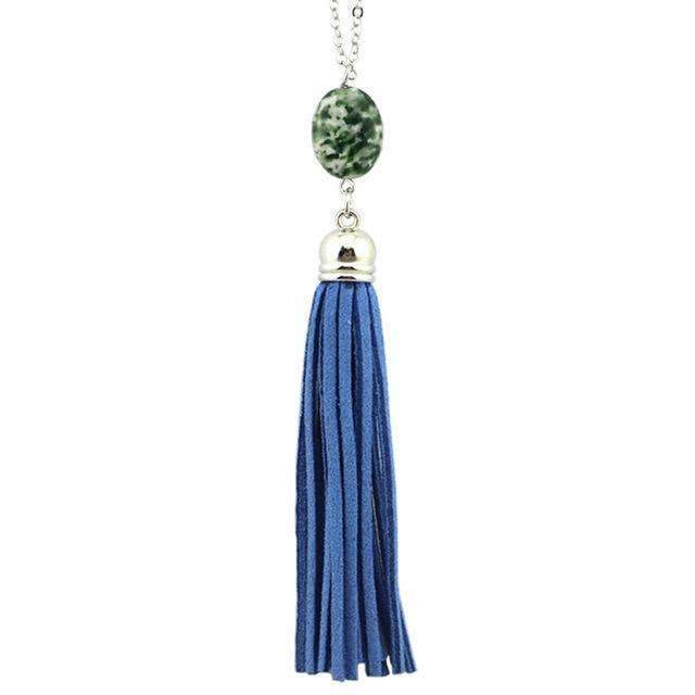 Boho Velvet Long Tassel Necklace 2016 Summer Style Leather Tassel Natural Stone Necklace for Women Sweater Chain Fashion Jewelry-N3461 Silver Blue-76cm-JadeMoghul Inc.