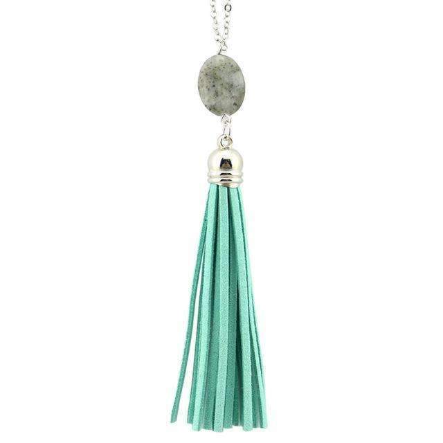 Boho Velvet Long Tassel Necklace 2016 Summer Style Leather Tassel Natural Stone Necklace for Women Sweater Chain Fashion Jewelry-N3461 Silver Mint-76cm-JadeMoghul Inc.