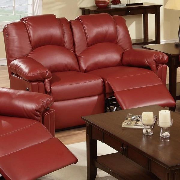 Bonded Leather Recliner Loveseat, Red-Loveseats-Red-Hardwood Metal Bonded Leather Color: Burgundy-JadeMoghul Inc.