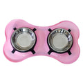 Bone Shaped Plastic Pet Double Diner with Stainless Steel Bowls, Pink and Silver-Pet Bowls and Feeding-Pink and Silver-Stainless steel Polypropylene and TPE Rubber-JadeMoghul Inc.