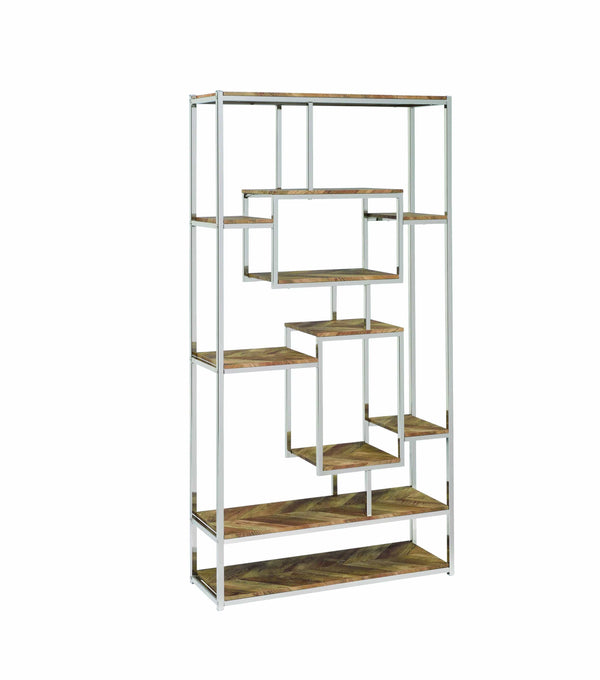Book Cases Open Design Metal Bookcase with Multiple Wooden Shelves, Brown and silver Benzara