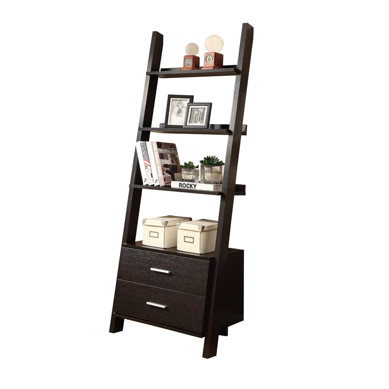 Bookshelves Kids Bookshelf - 69" Cappuccino Particle Board Ladder Bookcase with Two Storage Drawers HomeRoots