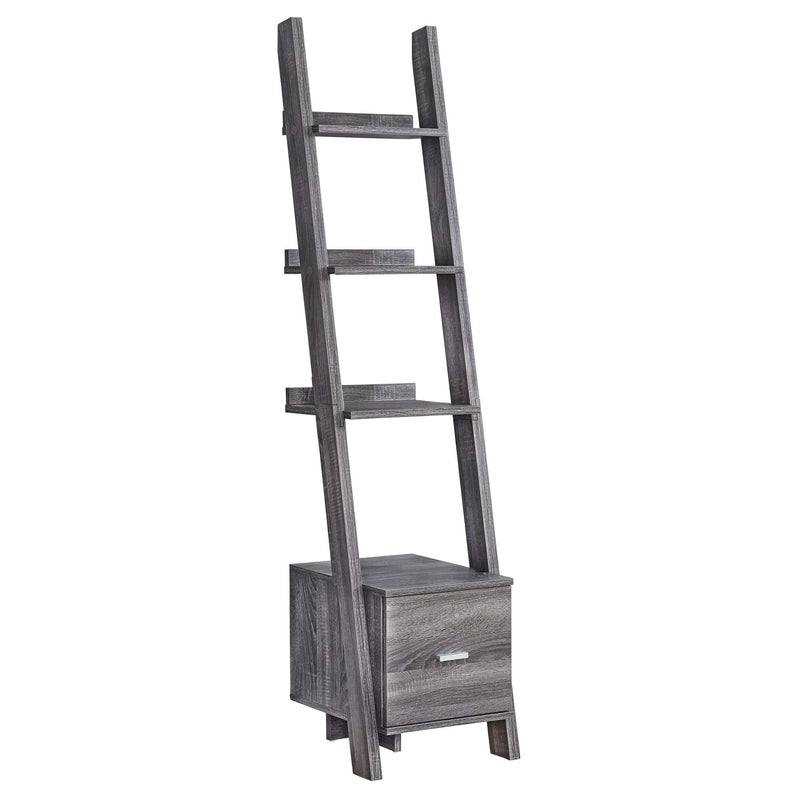 Bookshelves Modern Bookshelf - 69" Grey Particle Board Ladder Bookcase with a Storage Drawer HomeRoots