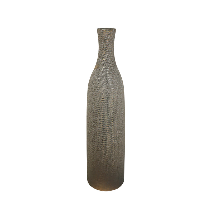 Bottle Shaped Ceramic Vase with Flared Neck and Textured Pattern, Champagne Silver-Vases-Silver-Ceramic-JadeMoghul Inc.