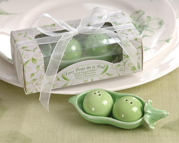 Boy Wedding / Ring bearer Two Peas in a Pod - Ceramic Salt & Pepper Shakers in Ivy Print Gift Box Kate Aspen