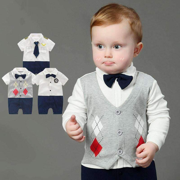 Boys 100% Cotton Tie Gentleman Suit Bow Leisure Body Suit-as pic show-3M-JadeMoghul Inc.