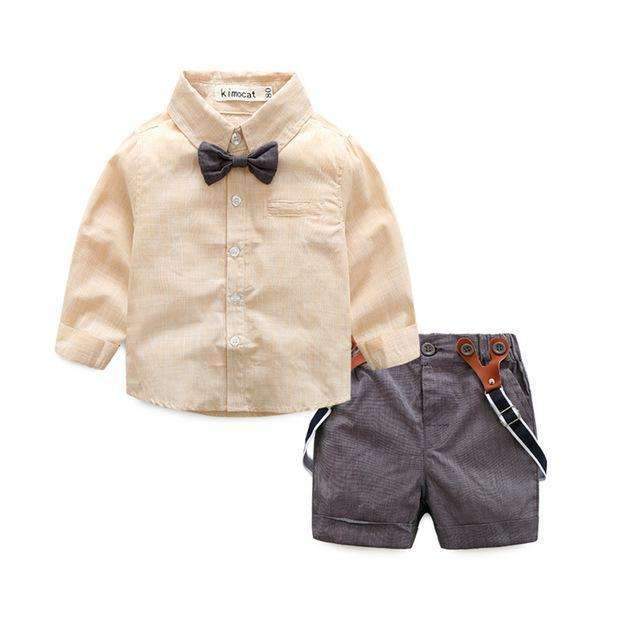 Boys 3 Piece Gingham Print Shirt And Suspenders Pants With Bow Tie-Beige-6M-JadeMoghul Inc.