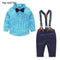 Boys 3 Piece Gingham Print Shirt And Suspenders Pants With Bow Tie-Blue-24M-JadeMoghul Inc.