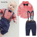 Boys 3 Piece Gingham Print Shirt And Suspenders Pants With Bow Tie-Blue-24M-JadeMoghul Inc.