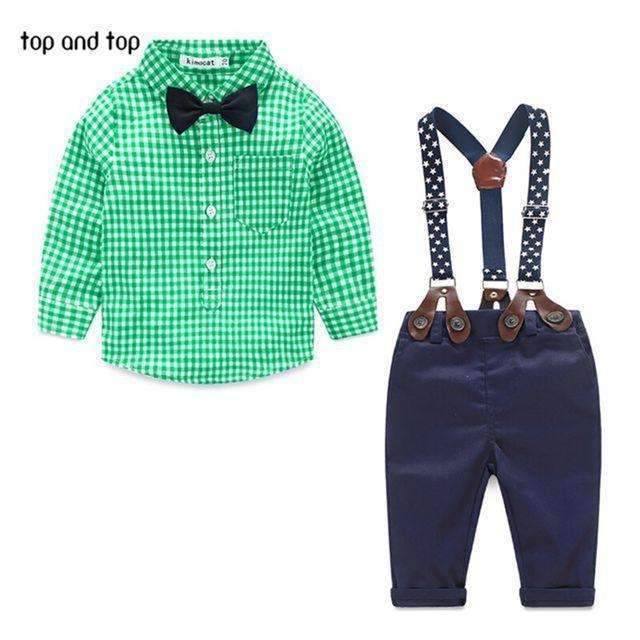 Boys 3 Piece Gingham Print Shirt And Suspenders Pants With Bow Tie-Green-24M-JadeMoghul Inc.