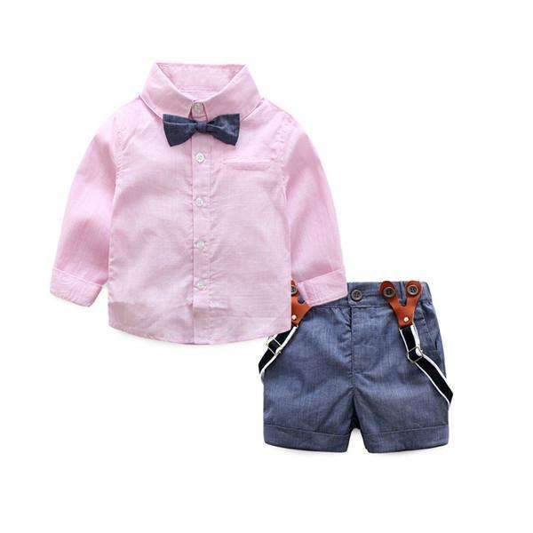 Boys 3 Piece Gingham Print Shirt And Suspenders Pants With Bow Tie-Lavender-6M-JadeMoghul Inc.
