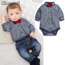 Boys Cute Bow ties Romper And Denim Jeans Set-Dark Grey-3M-JadeMoghul Inc.