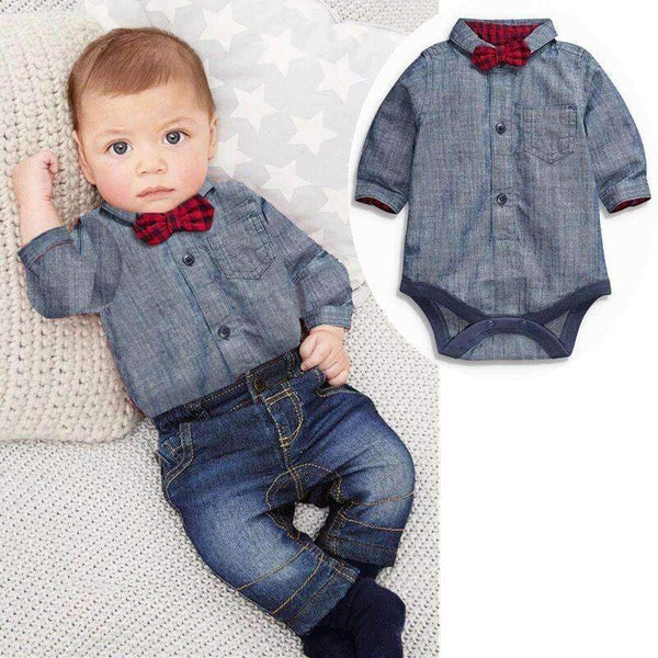 Boys Cute Bow ties Romper And Denim Jeans Set-Dark Grey-3M-JadeMoghul Inc.