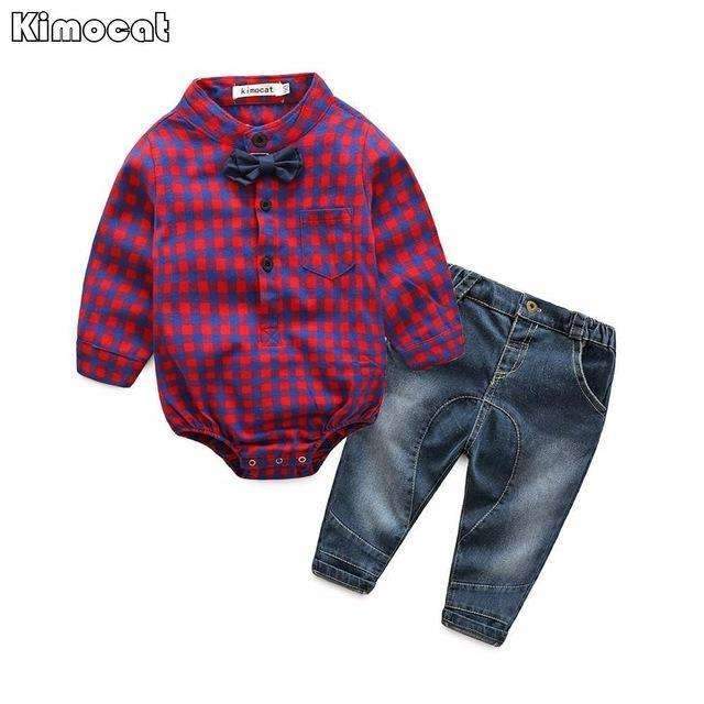 Boys Cute Bow ties Romper And Denim Jeans Set-Picture 1-3M-JadeMoghul Inc.