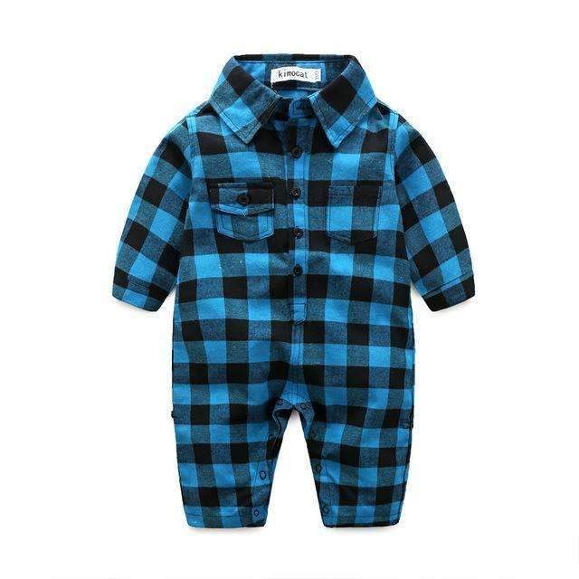 Boys Flannel Plaid Print Full Sleeves Romper-b-3M-JadeMoghul Inc.