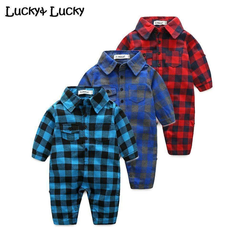 Boys Flannel Plaid Print Full Sleeves Romper-c-3M-JadeMoghul Inc.