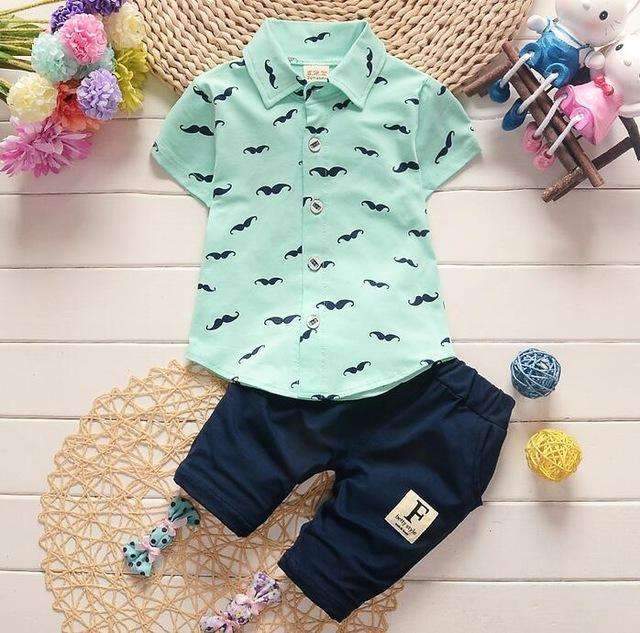 Boys Moustache Print Button Down Cotton Shirt And Shorts Set-Army Green-7-9 months-JadeMoghul Inc.