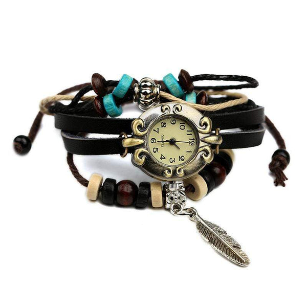 Bracelets Retro Feather Wooden Beads Leather Multilayer Bracelet Watch TIY