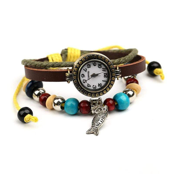 Bracelets Retro Fish Pendant Wooden Beads Multilayer Leather Bracelet Watch TIY