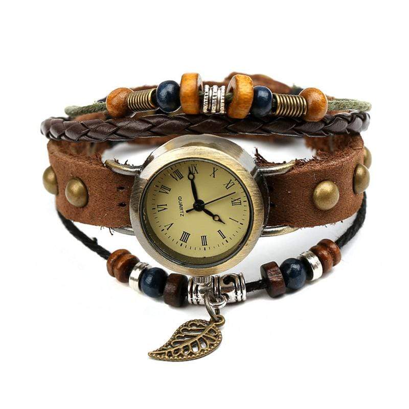 Bracelets Retro Leaf Wooden Beads Leather Multilayer Bracelet Watch TIY