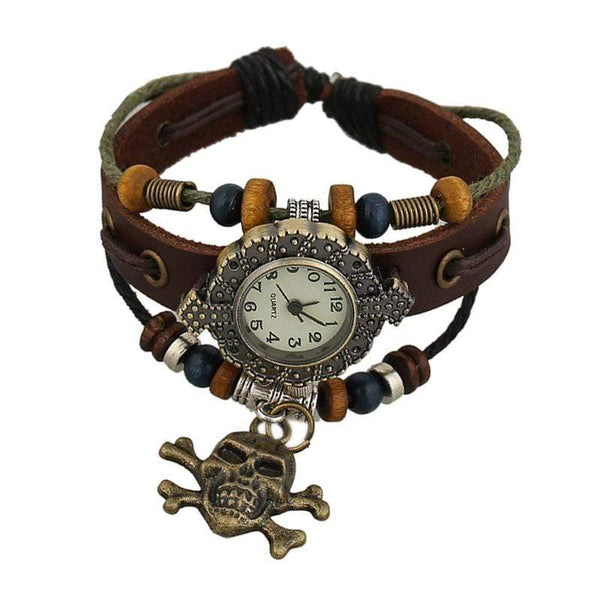 Bracelets Retro Skull Pendant Wooden Beads Leather Bracelet Watch TIY